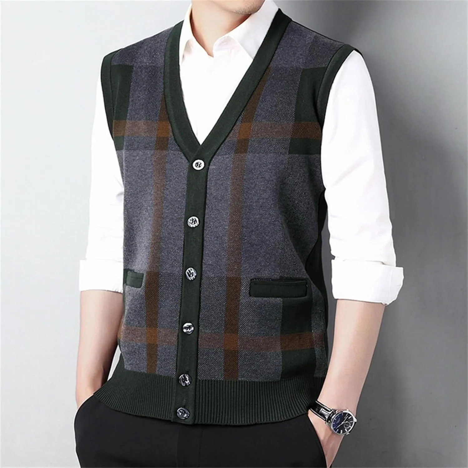 Sweater Vest for Men Sleeveless V Neck Button Down Knitwear Casual Slim Fit Striped Pullover Knit Sweater Fall Vests