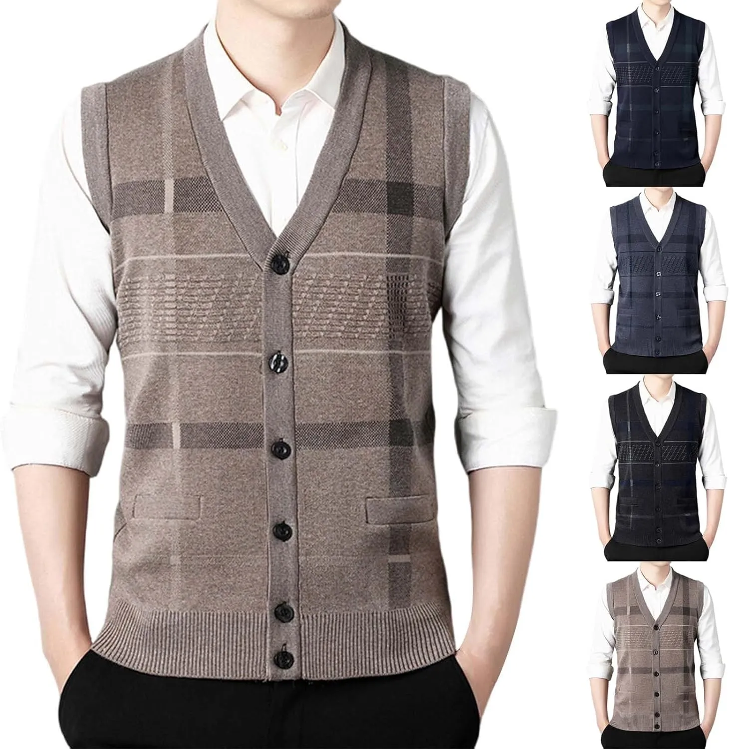 Sweater Vest for Men Sleeveless V Neck Button Down Knitwear Casual Slim Fit Striped Pullover Knit Sweater Fall Vests