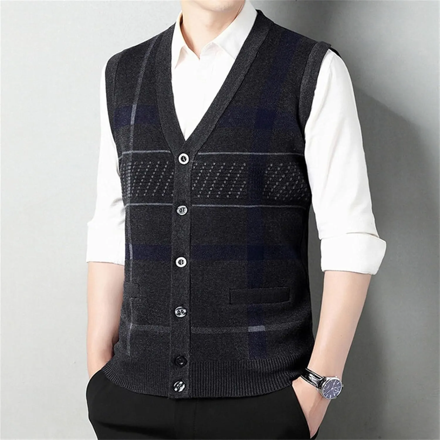 Sweater Vest for Men Sleeveless V Neck Button Down Knitwear Casual Slim Fit Striped Pullover Knit Sweater Fall Vests