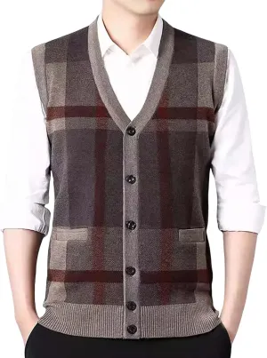 Sweater Vest for Men Sleeveless V Neck Button Down Knitwear Casual Slim Fit Striped Pullover Knit Sweater Fall Vests