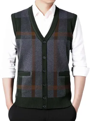Sweater Vest for Men Sleeveless V Neck Button Down Knitwear Casual Slim Fit Striped Pullover Knit Sweater Fall Vests