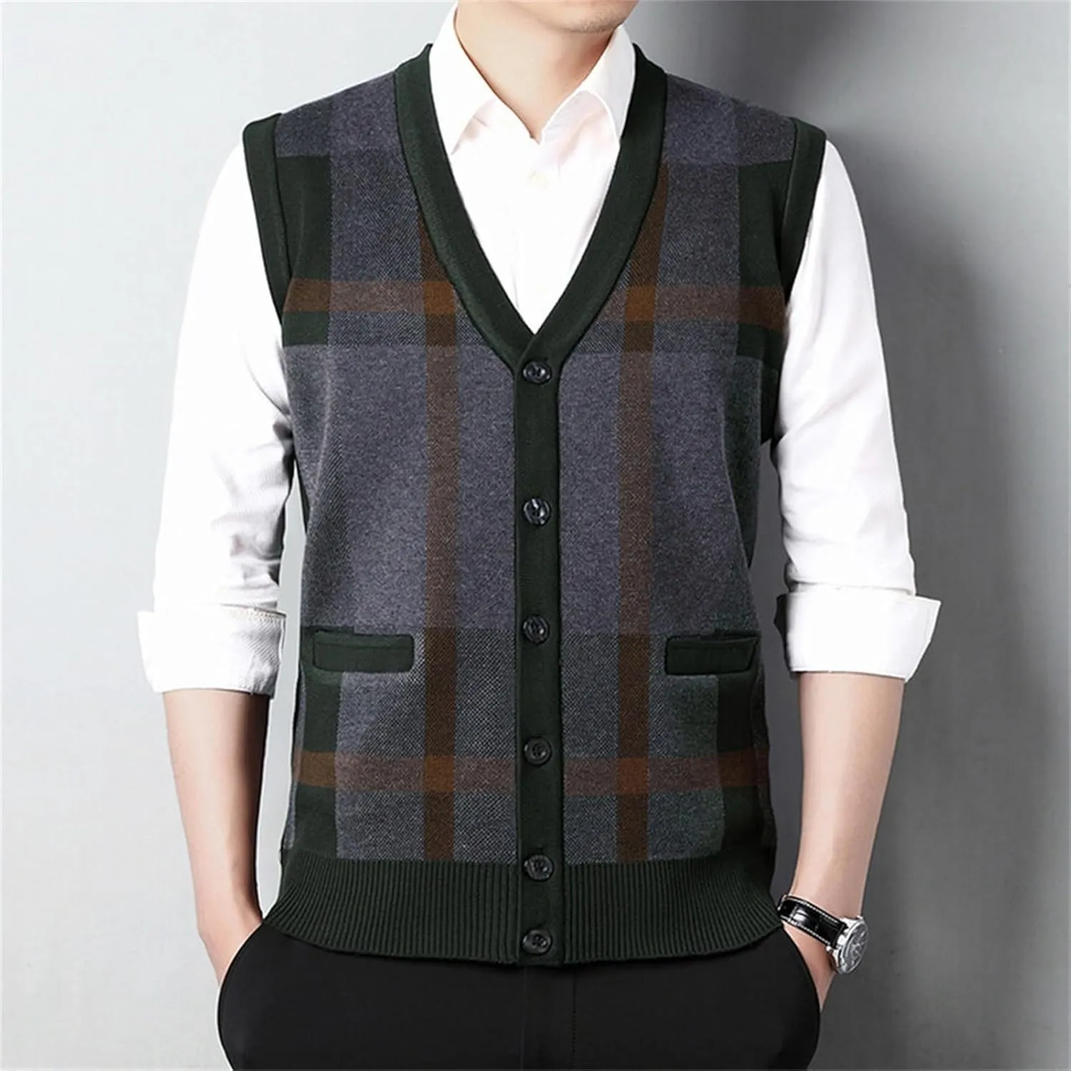Sweater Vest for Men Sleeveless V Neck Button Down Knitwear Casual Slim Fit Striped Pullover Knit Sweater Fall Vests
