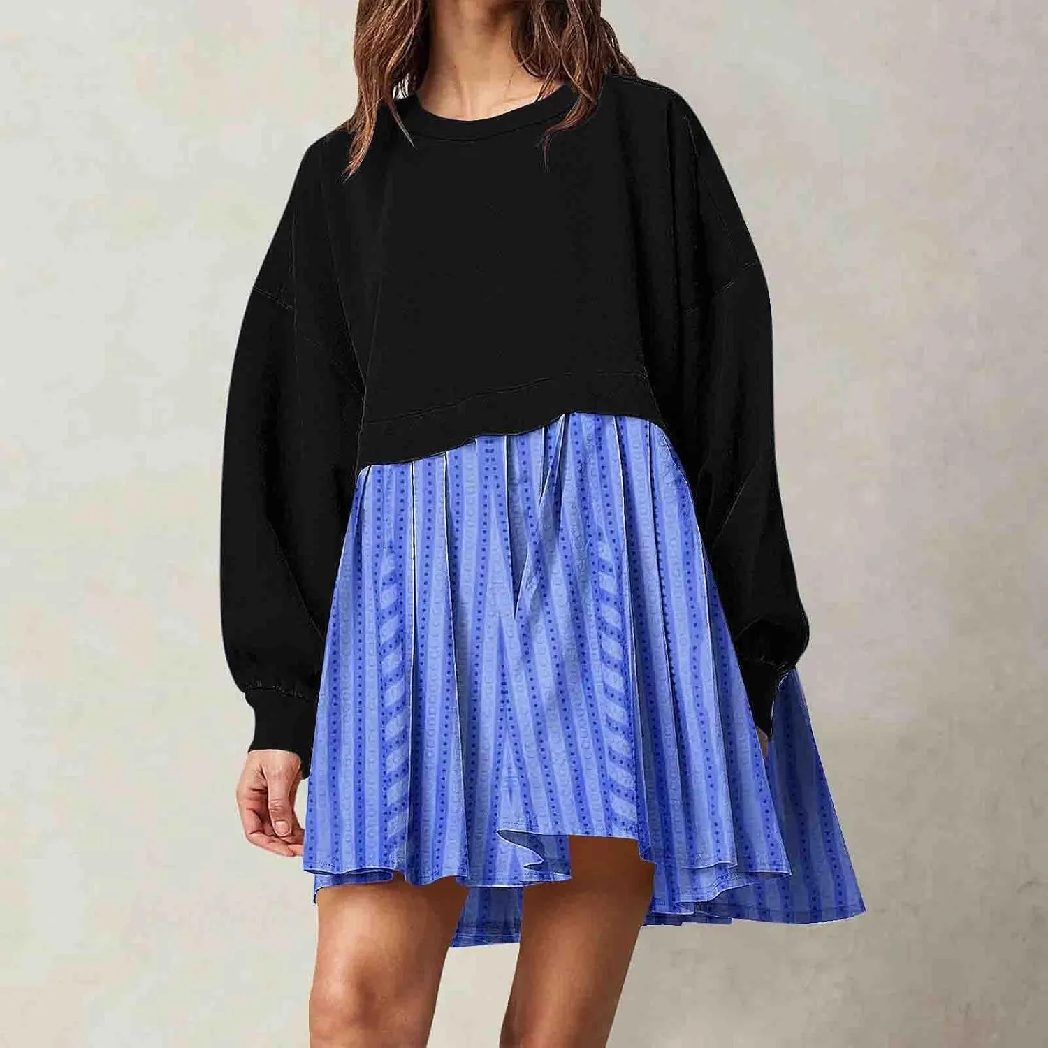 Sweatshirts Dresses for Women Crewneck Long Sleeve Patchwork Mini Dress Funny Print Graphic Shirt Loose Pullover Tops