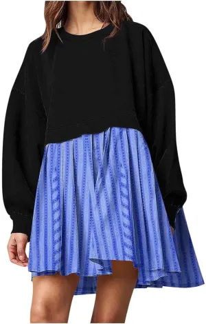Sweatshirts Dresses for Women Crewneck Long Sleeve Patchwork Mini Dress Funny Print Graphic Shirt Loose Pullover Tops