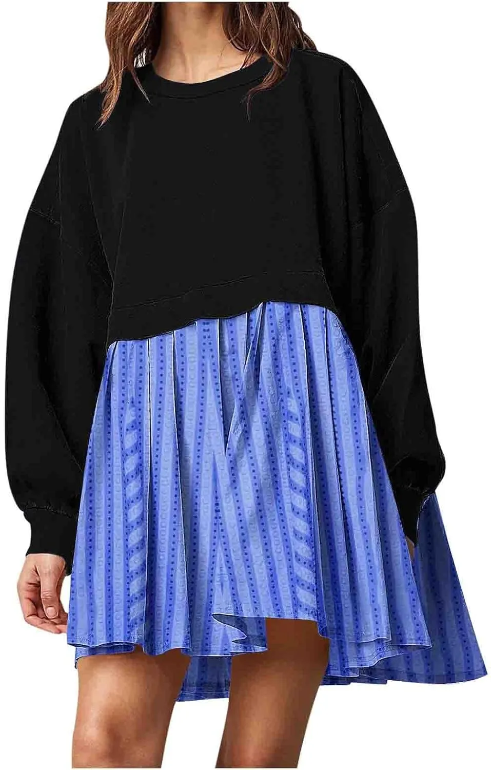 Sweatshirts Dresses for Women Crewneck Long Sleeve Patchwork Mini Dress Funny Print Graphic Shirt Loose Pullover Tops