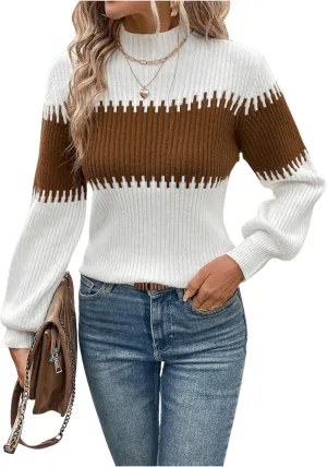 SweatyRocks Women's Lantern Sleeves Knitted Sweater Mock Neck Color Block Patchwork Casual Pullovers