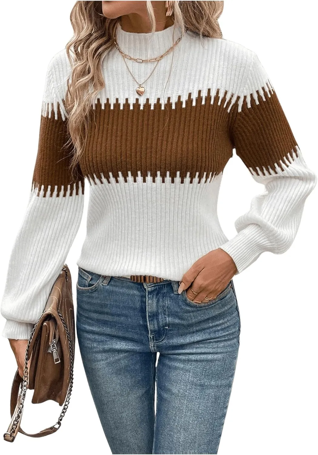SweatyRocks Women's Lantern Sleeves Knitted Sweater Mock Neck Color Block Patchwork Casual Pullovers