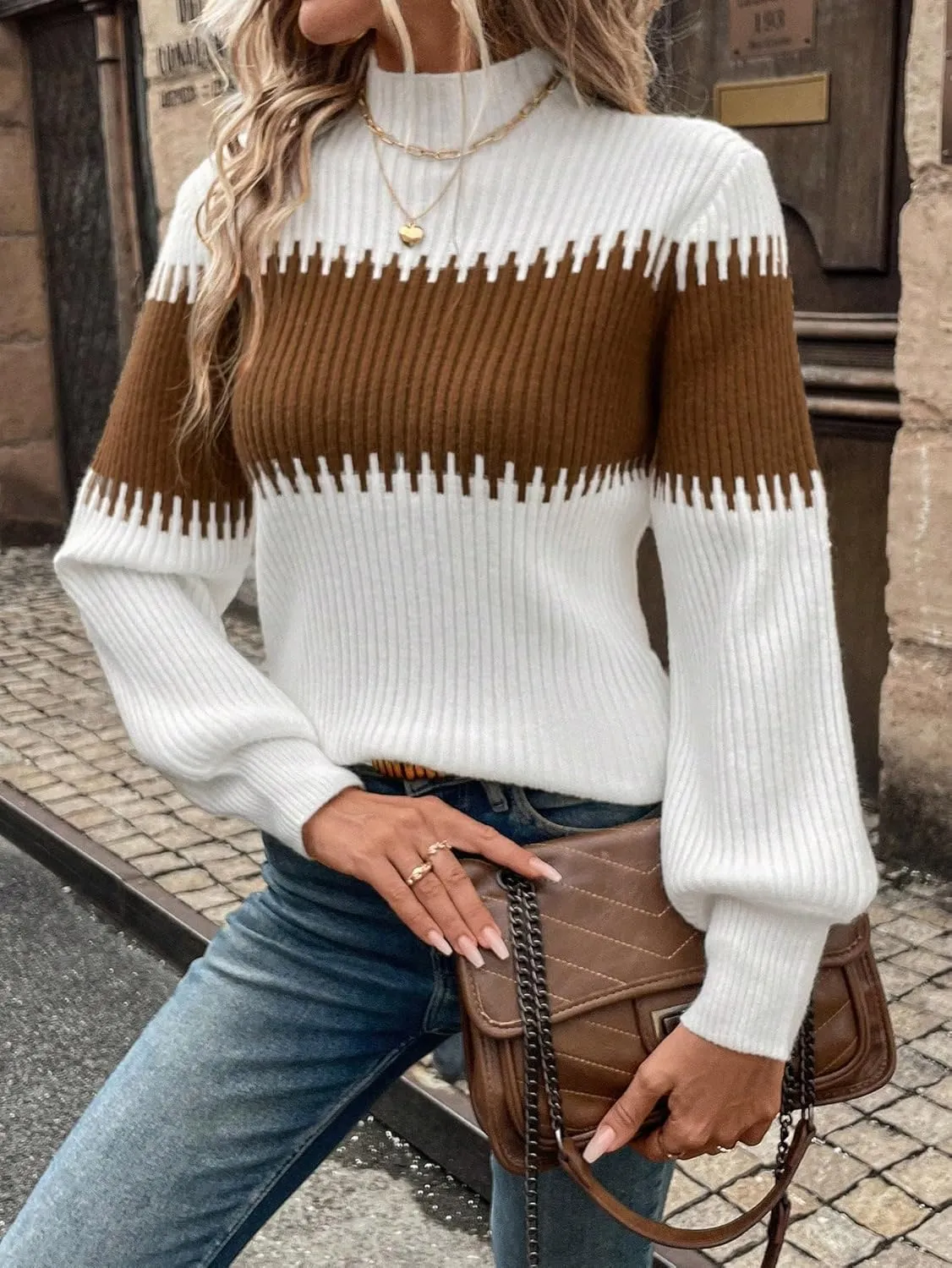 SweatyRocks Women's Lantern Sleeves Knitted Sweater Mock Neck Color Block Patchwork Casual Pullovers