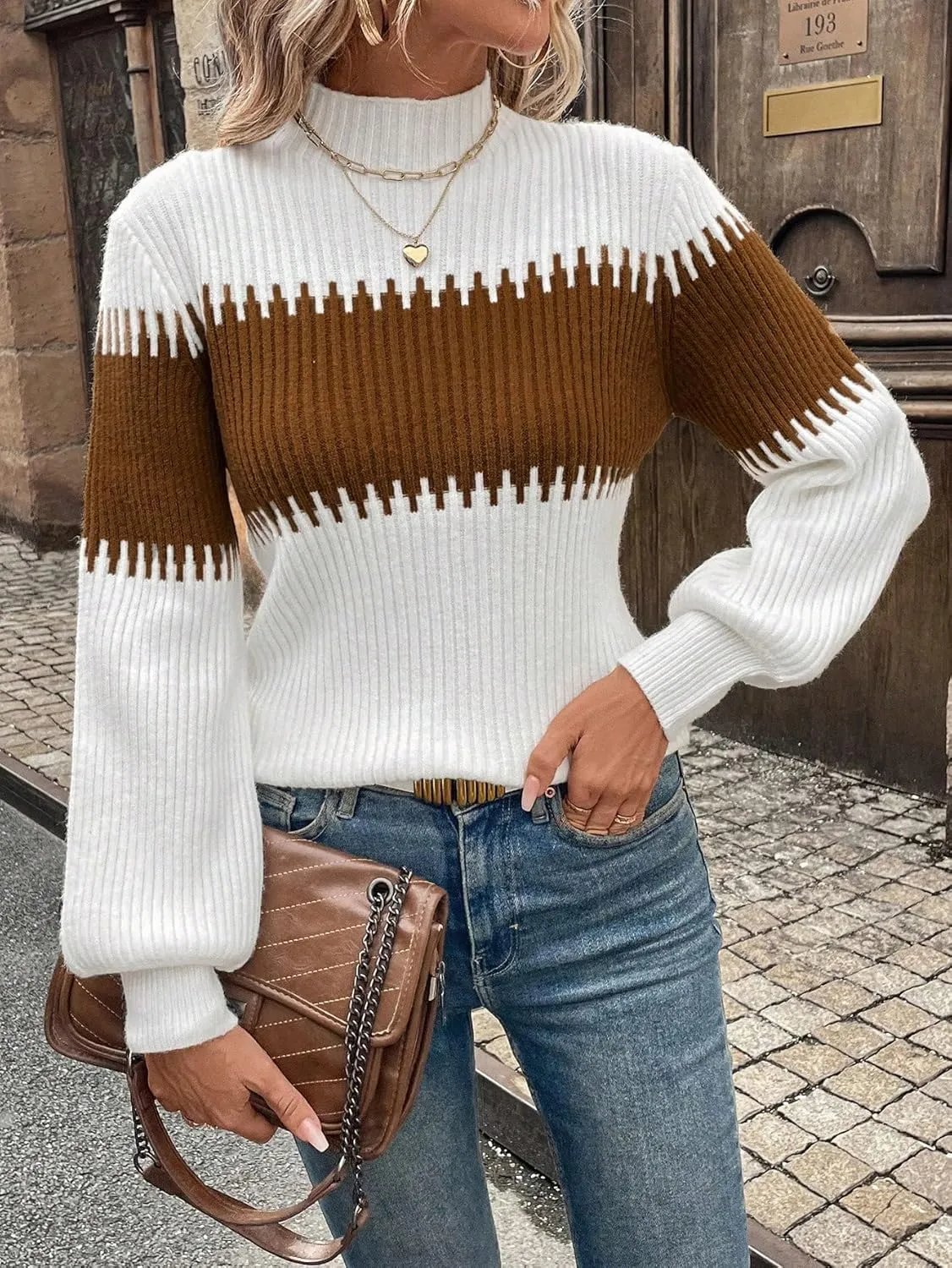 SweatyRocks Women's Lantern Sleeves Knitted Sweater Mock Neck Color Block Patchwork Casual Pullovers