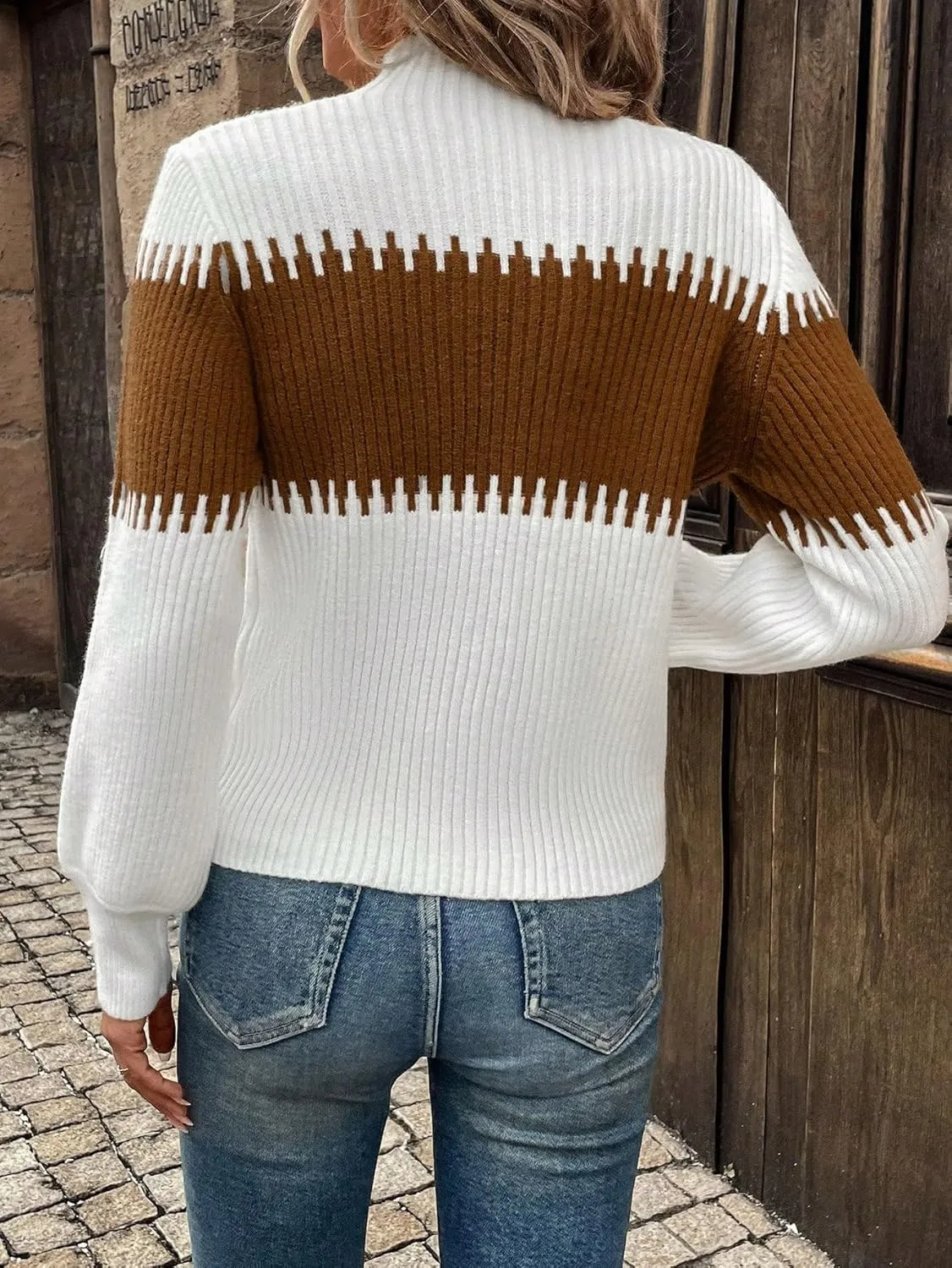 SweatyRocks Women's Lantern Sleeves Knitted Sweater Mock Neck Color Block Patchwork Casual Pullovers