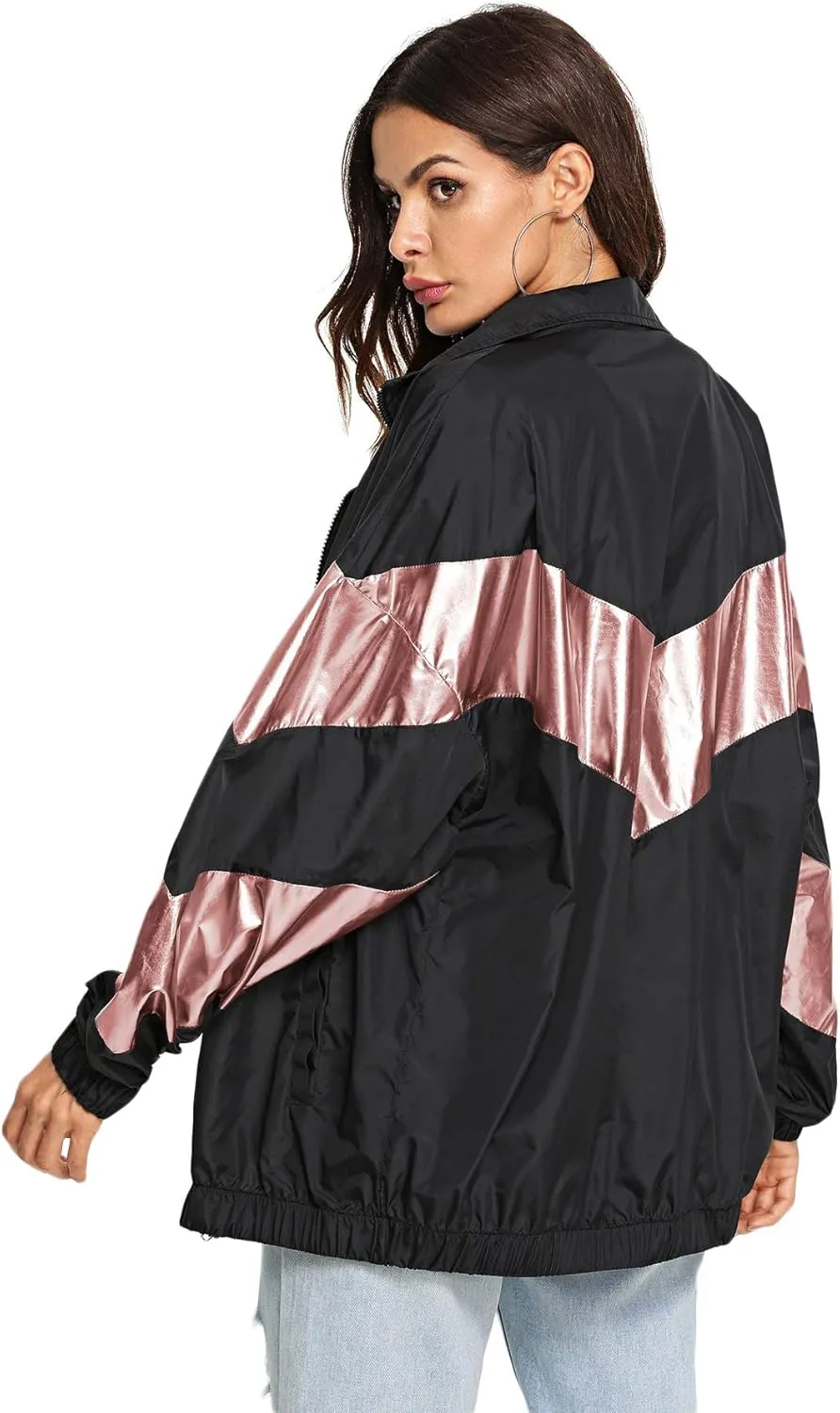 SweatyRocks Women's Lightweight Windbreaker Patchwork Zipper Sport Jacket Coat Outerwear