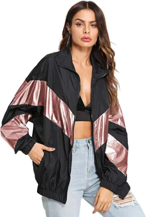 SweatyRocks Women's Lightweight Windbreaker Patchwork Zipper Sport Jacket Coat Outerwear