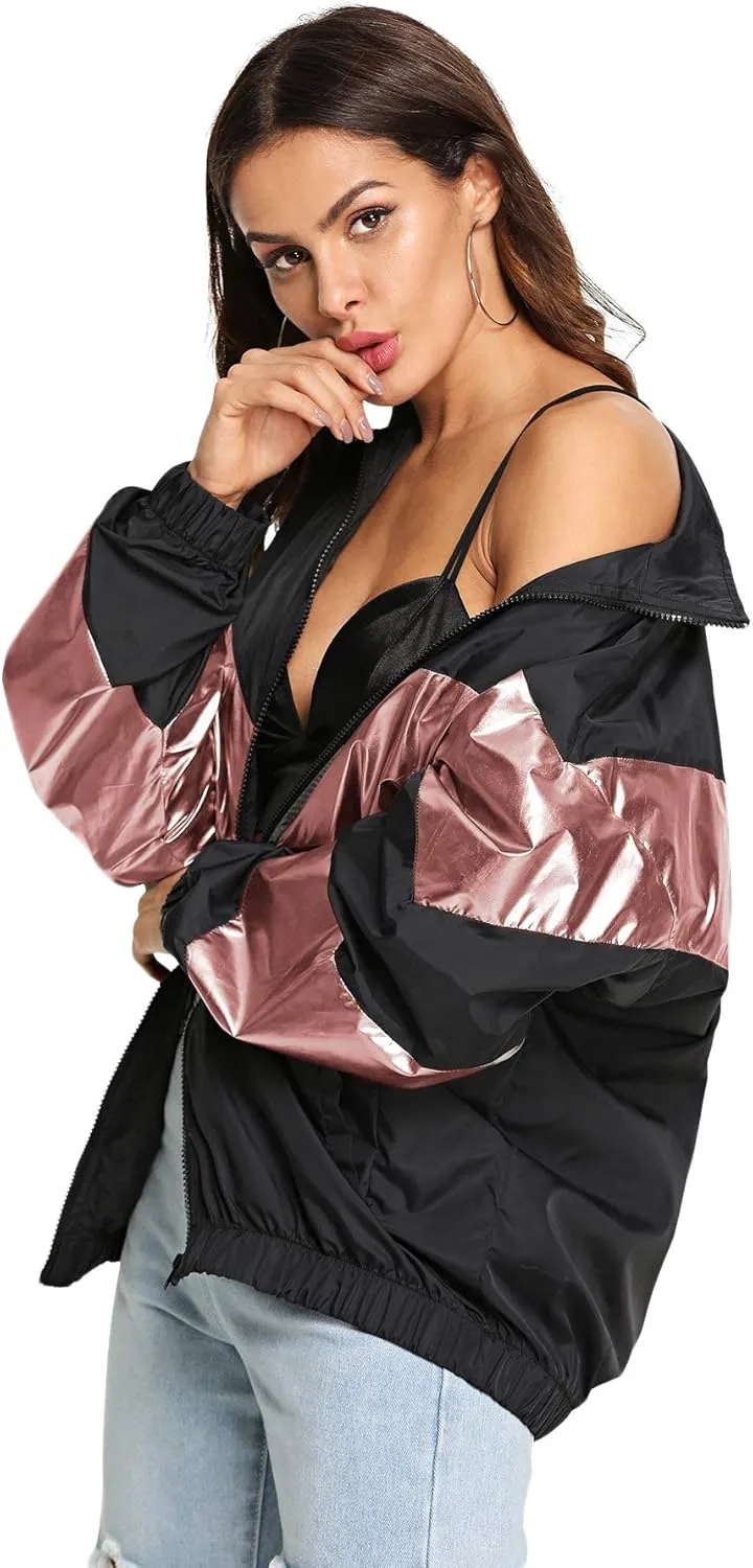 SweatyRocks Women's Lightweight Windbreaker Patchwork Zipper Sport Jacket Coat Outerwear