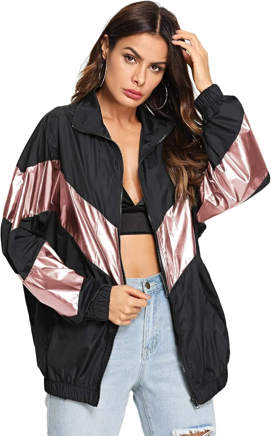 SweatyRocks Women's Lightweight Windbreaker Patchwork Zipper Sport Jacket Coat Outerwear