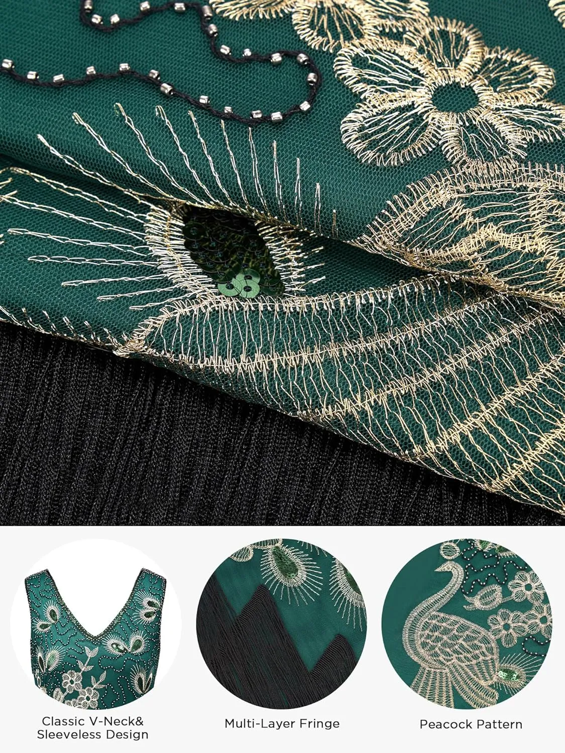 SWEETV 1920s Vintage Peacock Flapper Dresses Sequin Fringed Gatsby Dress with Headband