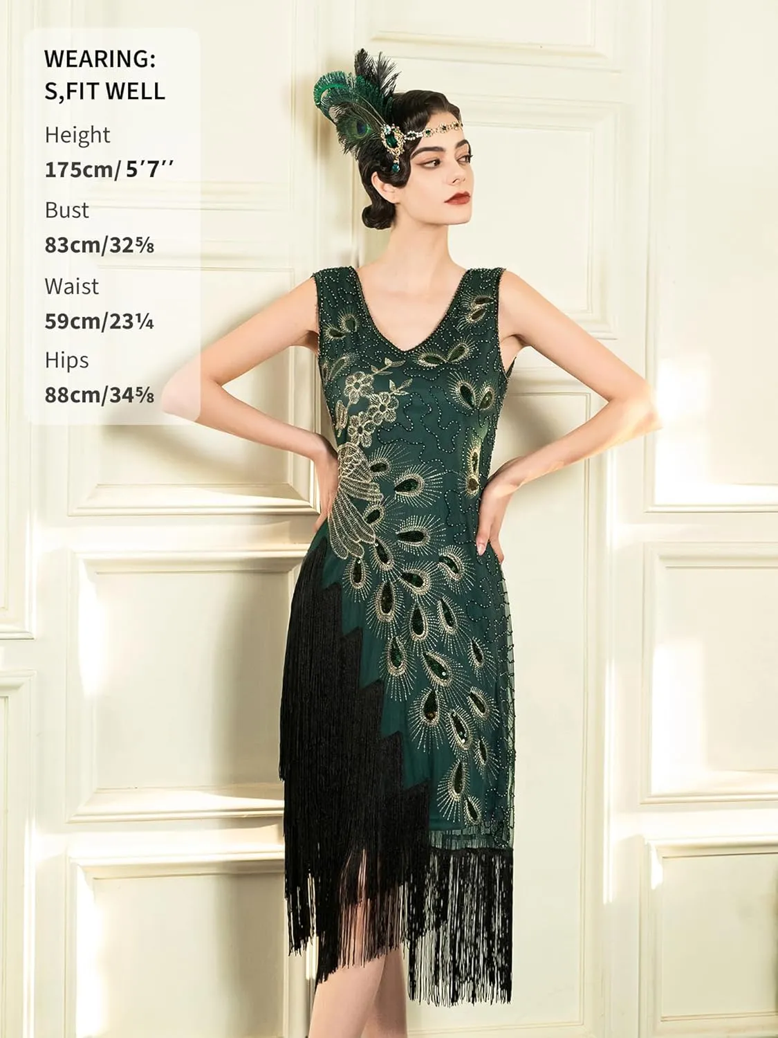 SWEETV 1920s Vintage Peacock Flapper Dresses Sequin Fringed Gatsby Dress with Headband