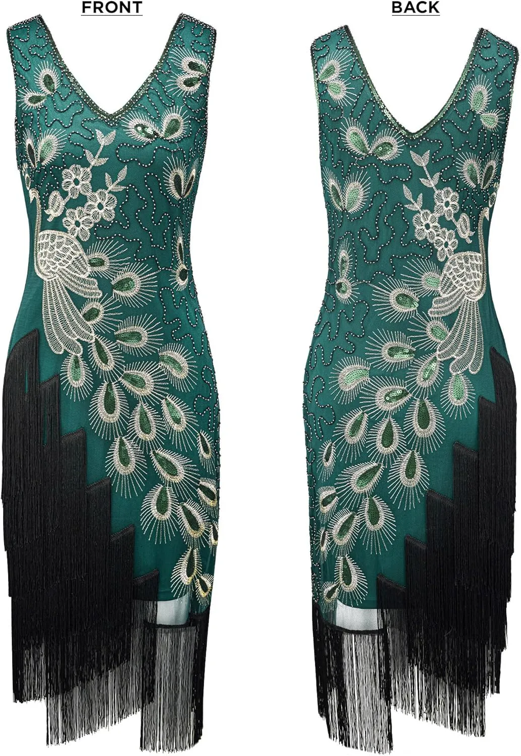 SWEETV 1920s Vintage Peacock Flapper Dresses Sequin Fringed Gatsby Dress with Headband