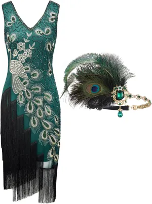 SWEETV 1920s Vintage Peacock Flapper Dresses Sequin Fringed Gatsby Dress with Headband