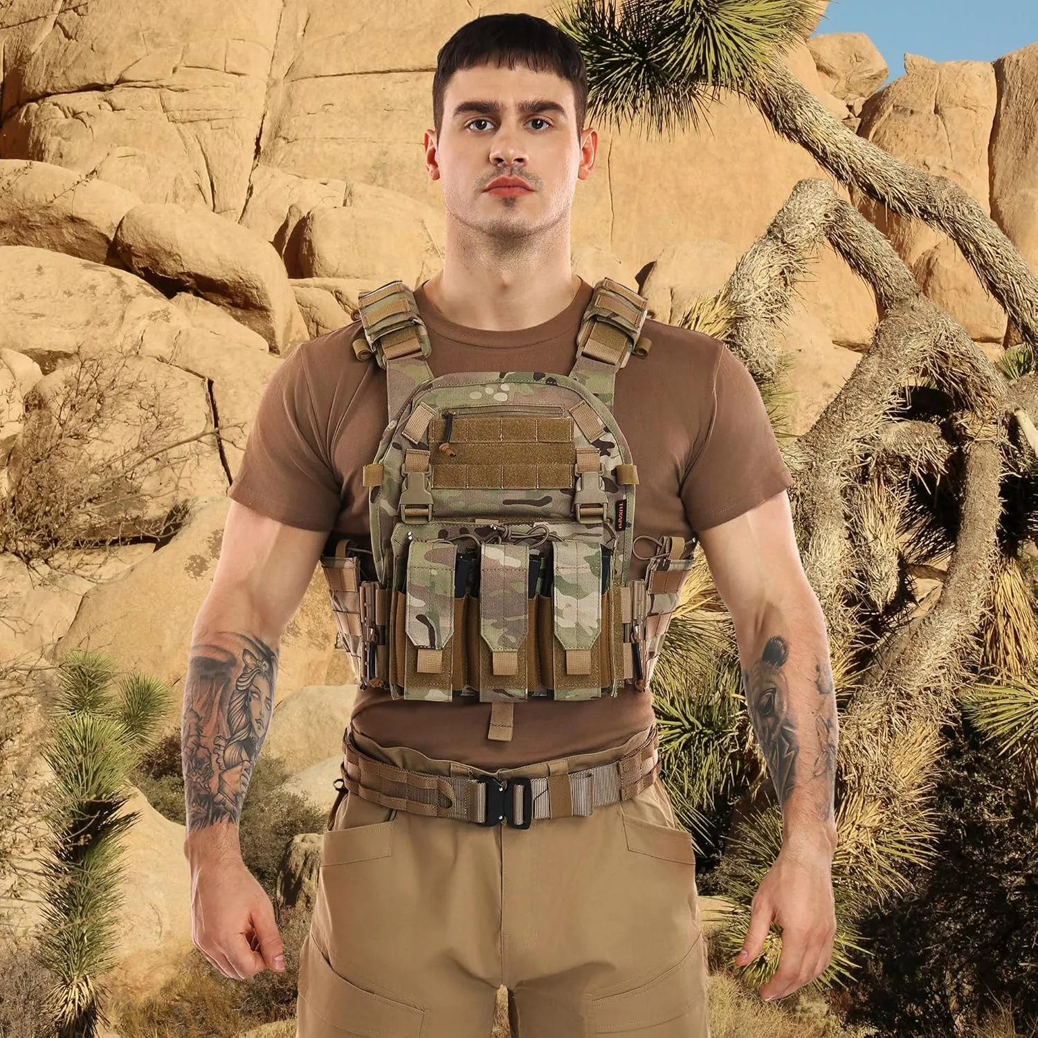 Tactical Molle Vests with Triple mag Pouch and Side Cummerbund Pouches, Quick Release Vests for Men