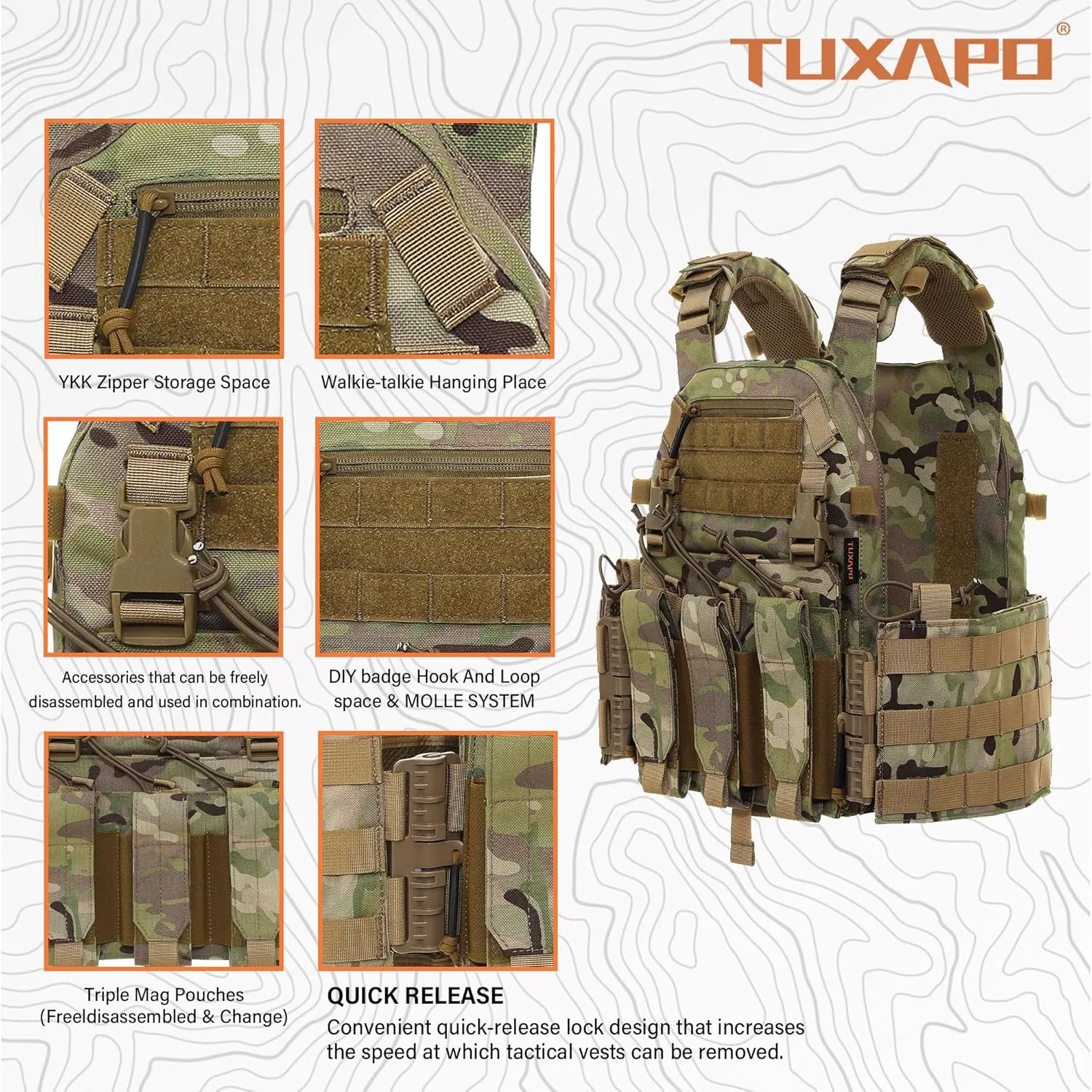 Tactical Molle Vests with Triple mag Pouch and Side Cummerbund Pouches, Quick Release Vests for Men