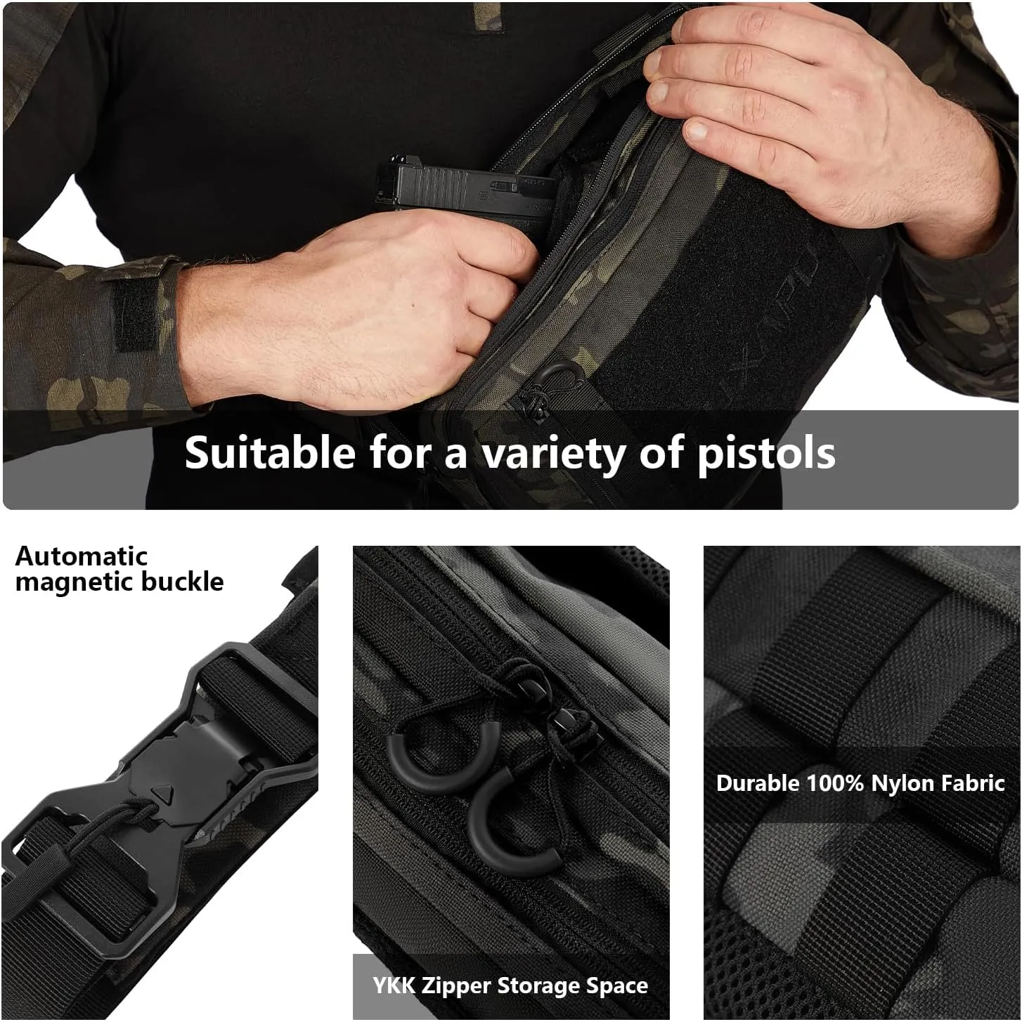 Tactical Shoulder Bag - Small Military Tactical Sling Backpack, Nylon EDC Bag for Hiking, Travel, & Everyday Use (Black camouflage
