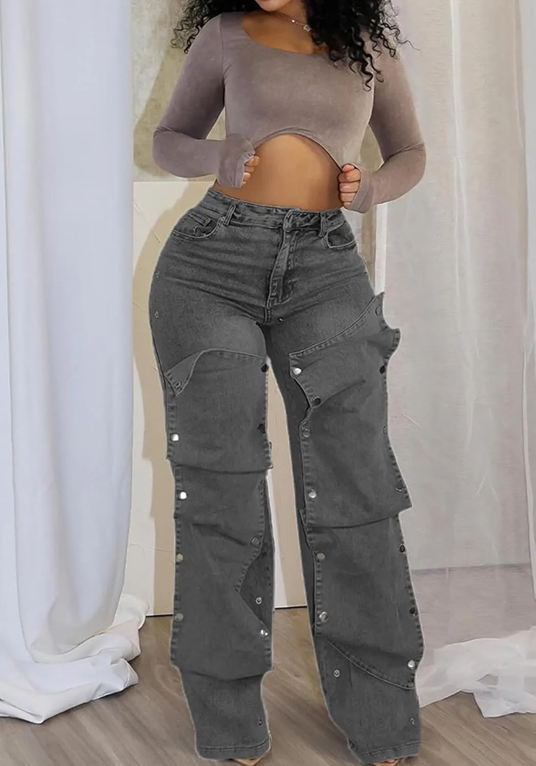Tbahhir Baggy Cargo Jeans for Women Distressed Irregular High Waisted Wide Leg Boyfriend Y2K Denim Pants with Pockets