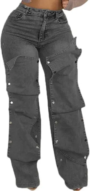 Tbahhir Baggy Cargo Jeans for Women Distressed Irregular High Waisted Wide Leg Boyfriend Y2K Denim Pants with Pockets