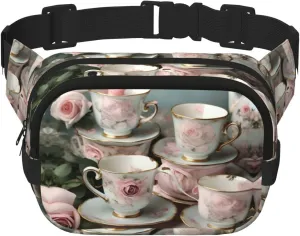 Tea Cups with Roses Romantic Print Square Double Layer functionality Waist Bag Unisex Crossbody Pack Travel Workout