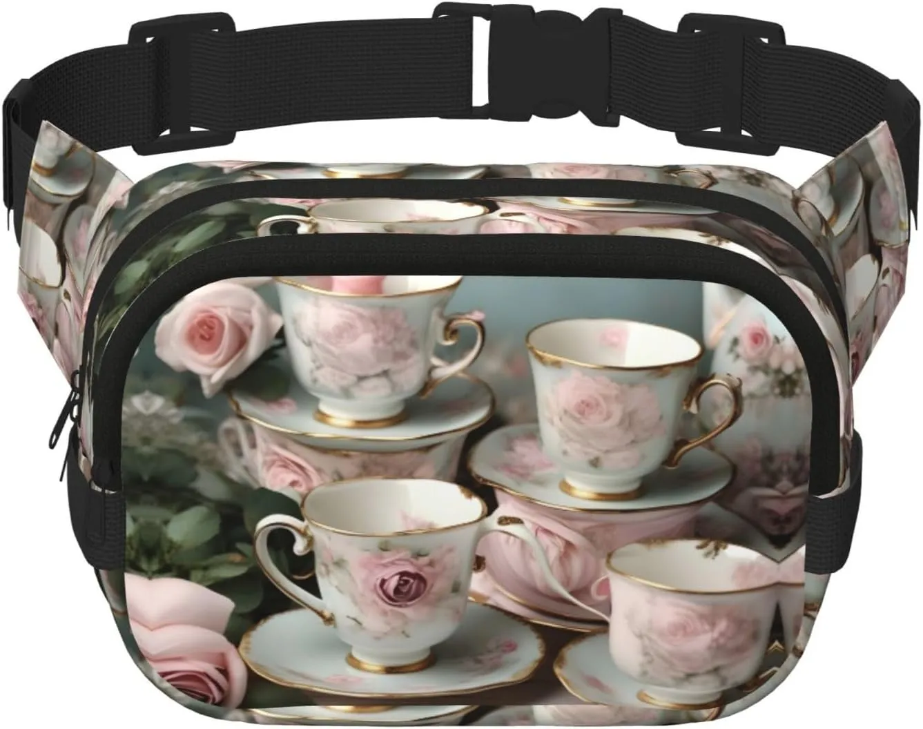 Tea Cups with Roses Romantic Print Square Double Layer functionality Waist Bag Unisex Crossbody Pack Travel Workout