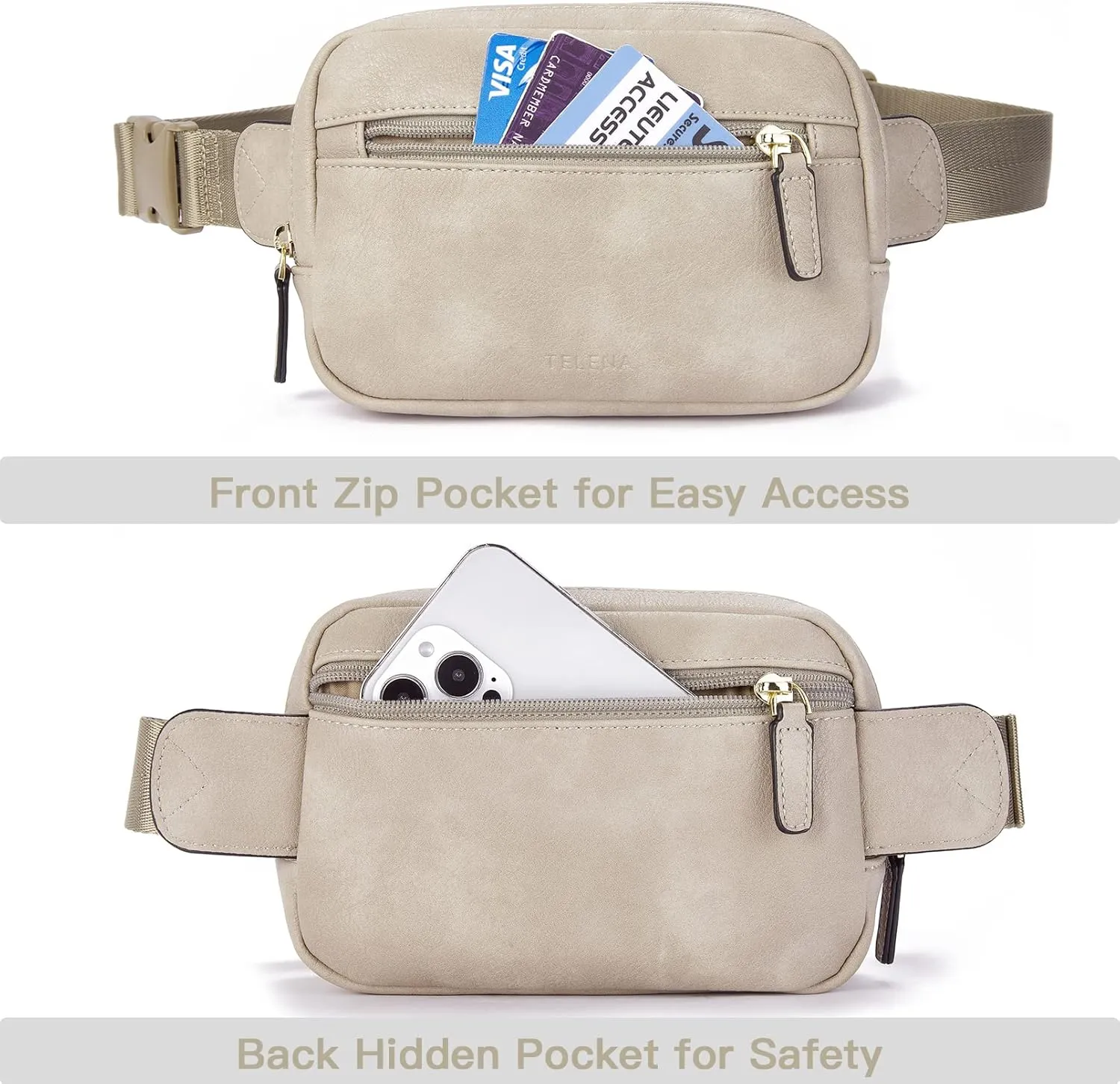 Telena Belt Bag for Women PU Leather Fanny Pack Crossbody Waist Bags with Adjustable Strap Cloud Grey