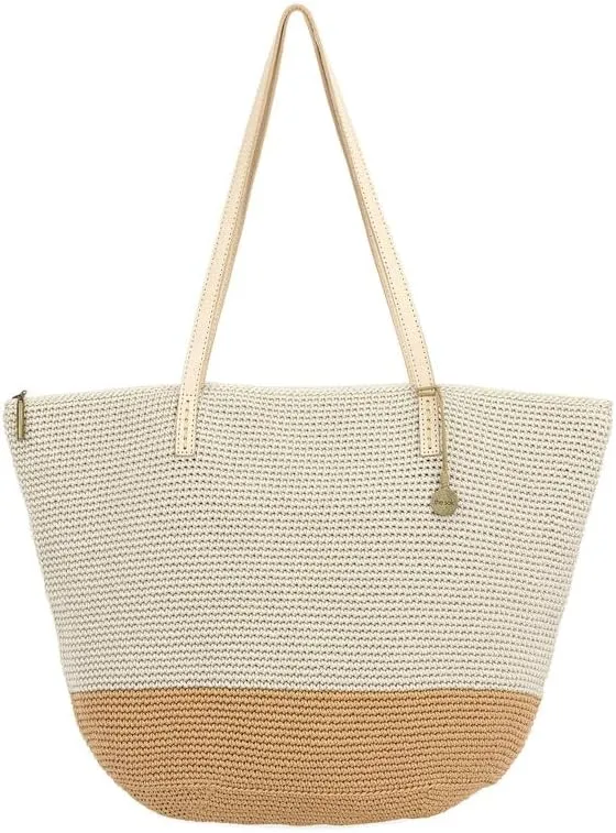 The Sak Faye Tote in Crochet, Double Shoulder Straps, Natural & Bamboo Block