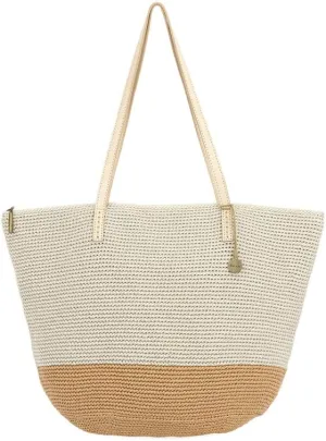 The Sak Faye Tote in Crochet, Double Shoulder Straps, Natural & Bamboo Block