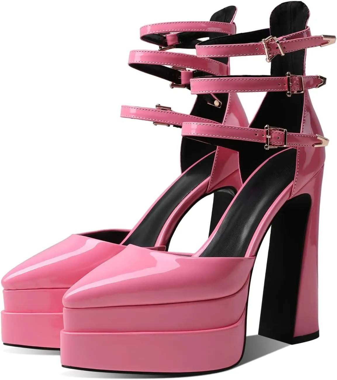 THESHY Womens Platform Chunky Heels Ankle Strap Chunky Block High Heel Pointed Toe Fashion Buckles Dress Pumps