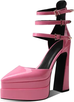 THESHY Womens Platform Chunky Heels Ankle Strap Chunky Block High Heel Pointed Toe Fashion Buckles Dress Pumps