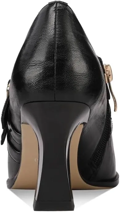 TinaCus Women's Round Toe Handmade Buckles Genuine Leather Mid Spool Heels Zip Up Pumps Shoes