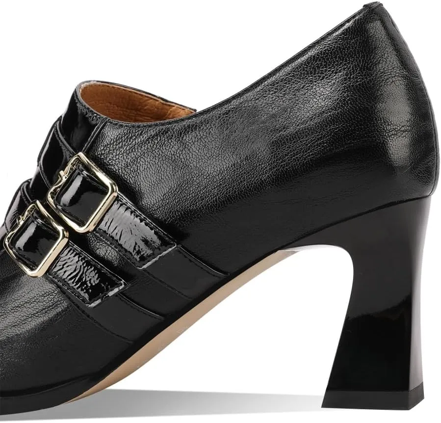 TinaCus Women's Round Toe Handmade Buckles Genuine Leather Mid Spool Heels Zip Up Pumps Shoes