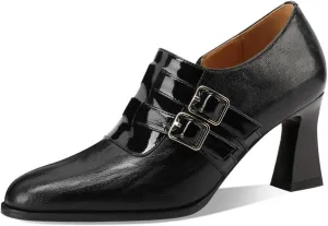 TinaCus Women's Round Toe Handmade Buckles Genuine Leather Mid Spool Heels Zip Up Pumps Shoes