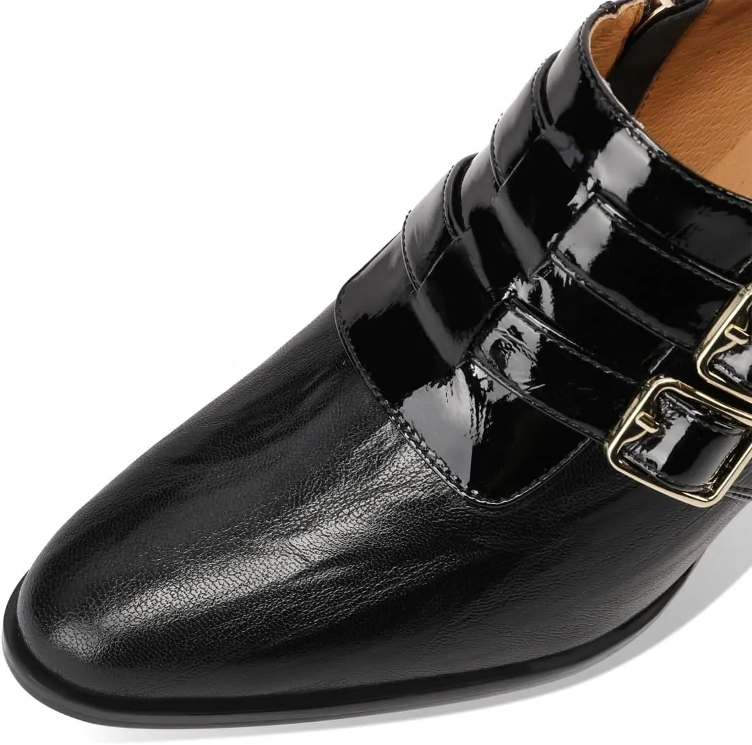 TinaCus Women's Round Toe Handmade Buckles Genuine Leather Mid Spool Heels Zip Up Pumps Shoes