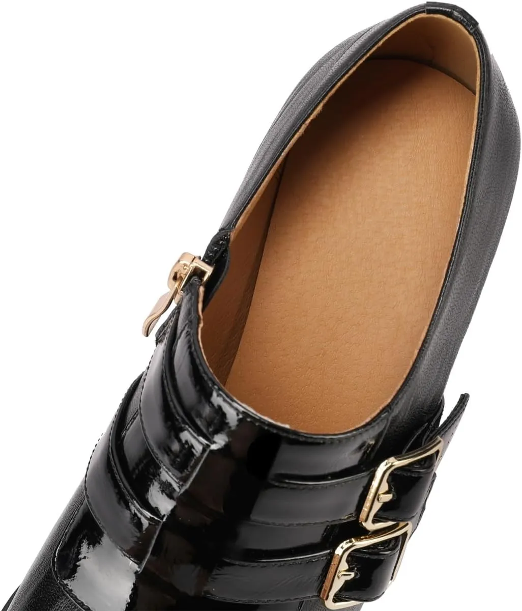 TinaCus Women's Round Toe Handmade Buckles Genuine Leather Mid Spool Heels Zip Up Pumps Shoes
