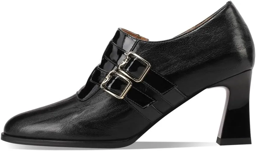 TinaCus Women's Round Toe Handmade Buckles Genuine Leather Mid Spool Heels Zip Up Pumps Shoes