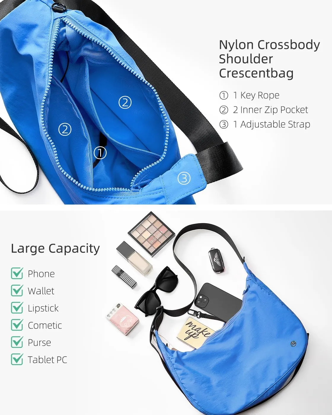 Titosha Medium Nylon Crescent Crossbody Bag for Women with Extended Adjustable Shoulder strap