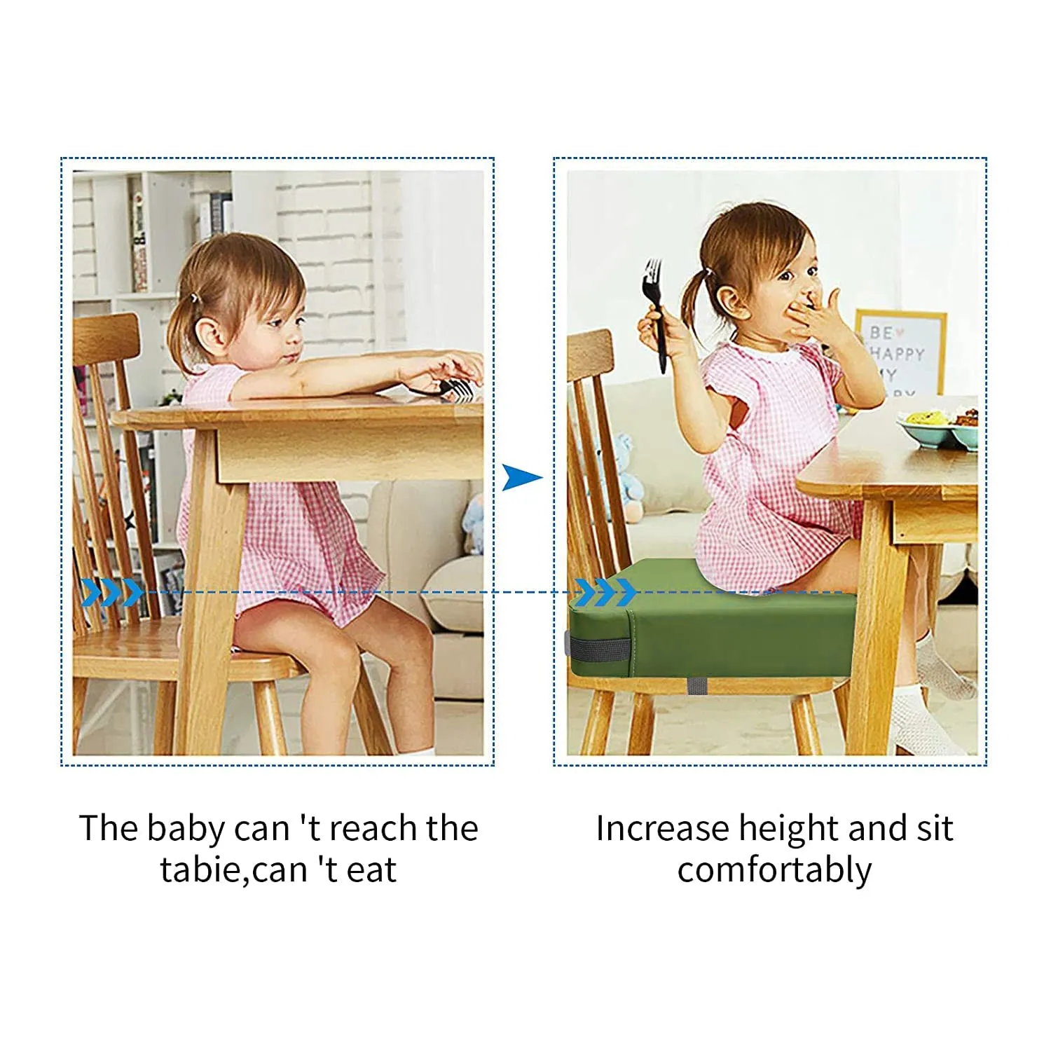 Toddler Booster Seat for Dining Table, PU Washable Double Safe Straps Non-Slip Bottom Booster Seat Dining Toddler, Portable Travel Increasing Cushion (Light Green)