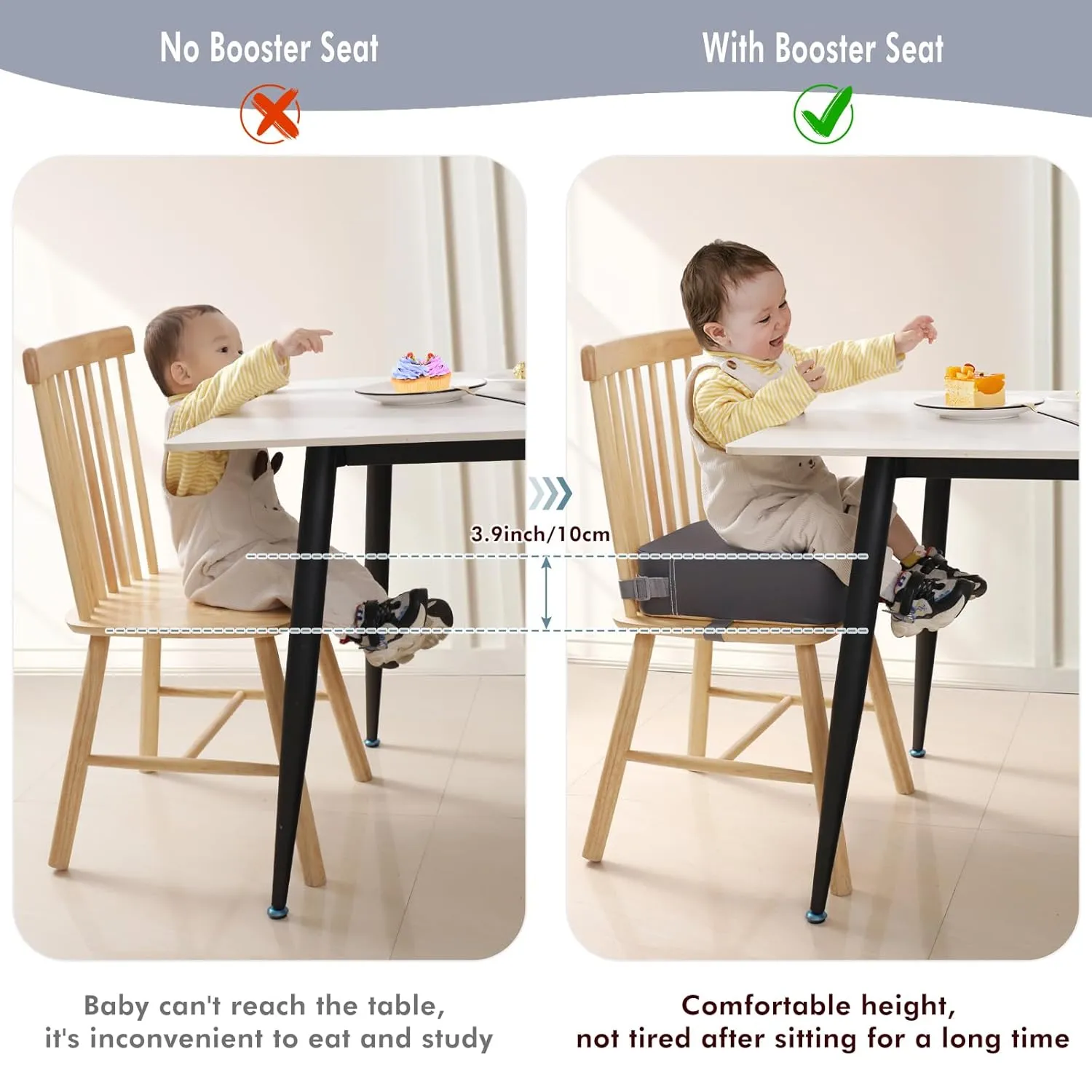 Toddler Booster Seat for Kitchen Chair, Non-Slip Kids Dining Table Booster Seat with Adjustable Safer Straps, Portable Baby Eating Travel Camping Increasing Cushion