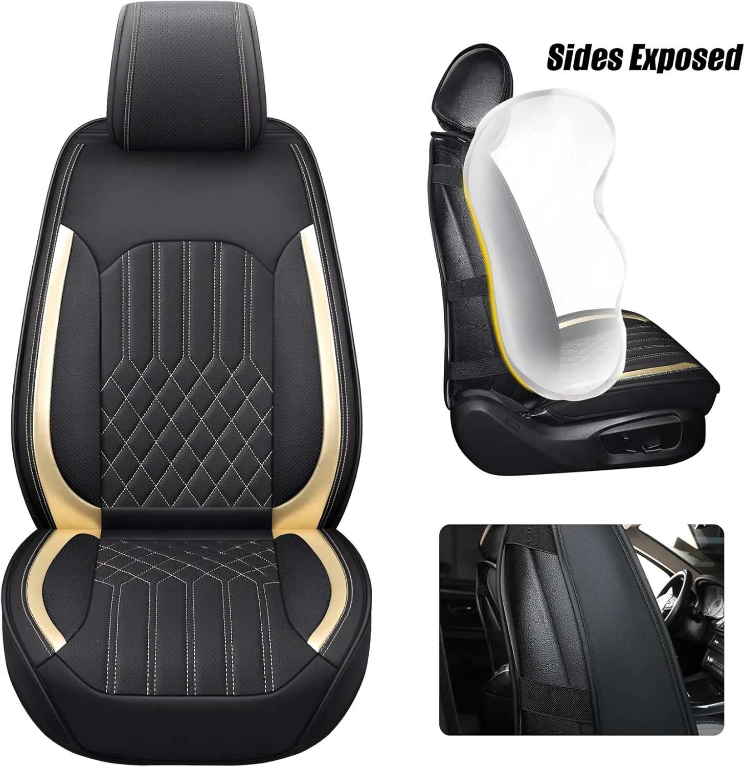 Tomatoman Synthetic Leather Car Seat Covers Compatible with Infiniti EX37 Waterproof Anti Dust Easy Installation Safety Airbag Compatible(2PCS Front/Black Gold)