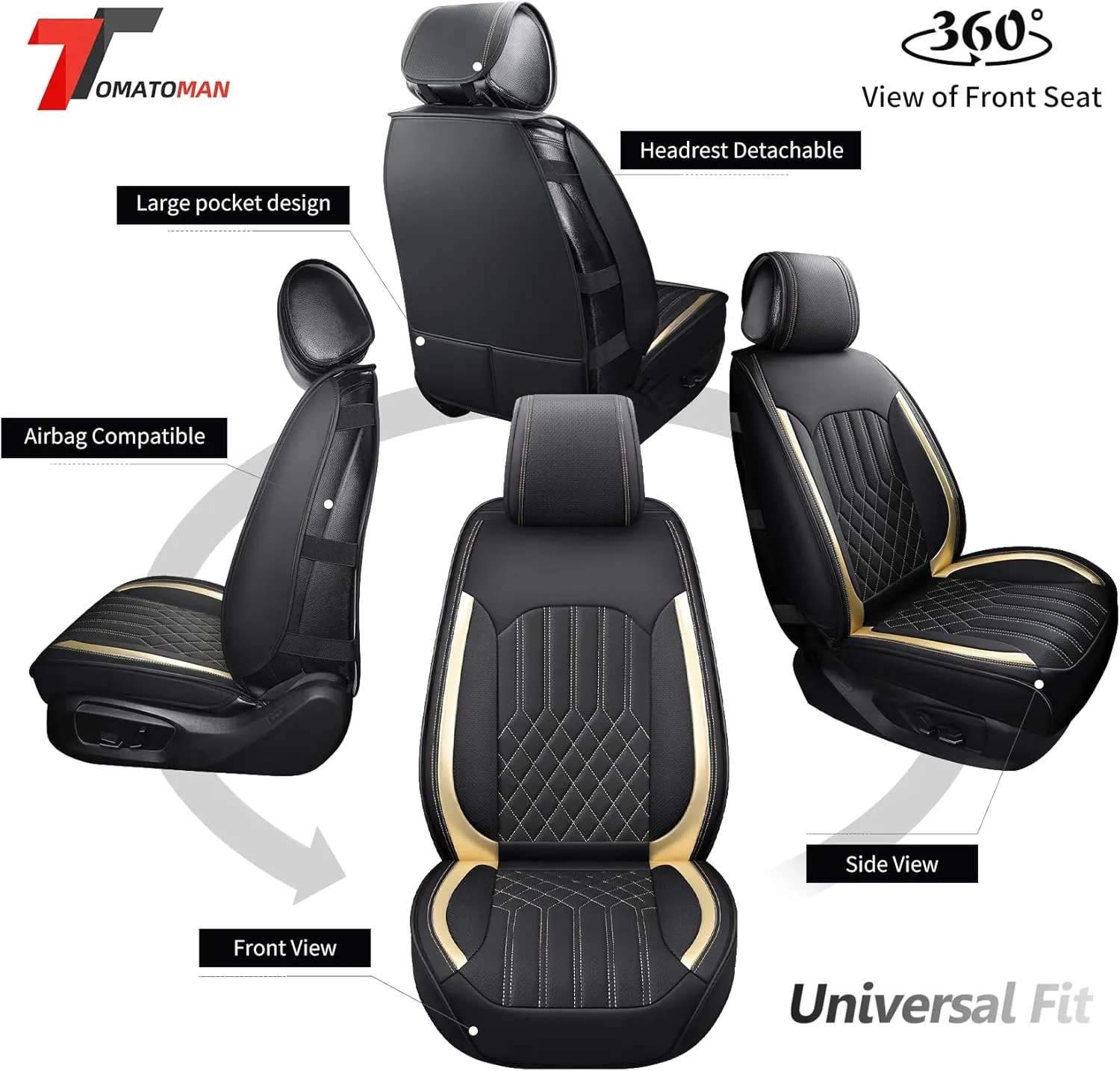 Tomatoman Synthetic Leather Car Seat Covers Compatible with Infiniti EX37 Waterproof Anti Dust Easy Installation Safety Airbag Compatible(2PCS Front/Black Gold)
