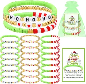 Tondiamo 24 Set Lime Green Christmas Bracelets with Wish Card Organza Bags Hohoho Christmas Bracelet Heart Stretch Clay Bead Bracelets Gifts for Women Men Xmas Stocking Stuffers Holiday Party