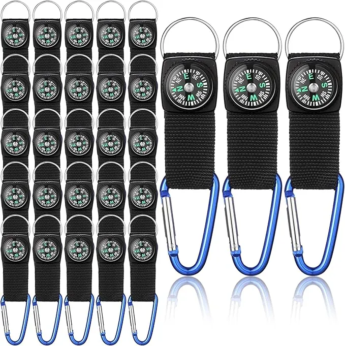 TOODOO 28 Pieces Belt Clip Compass Kids Compass Prize Belt Compass Keychain for Camo Birthday Party Supplies Outdoors Adventure Party Favors (Blue)