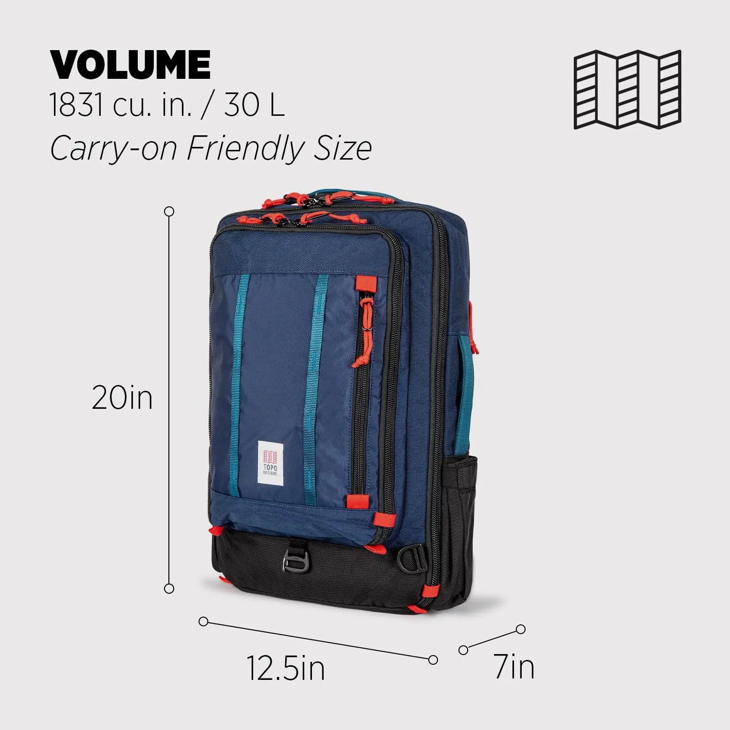 Topo Designs Global Travel Bag 30-40 Liter - Carry-on Compliant Versatile Pack, 3 Carry Options, External Laptop Sleeve (Original, 30L, Navy)