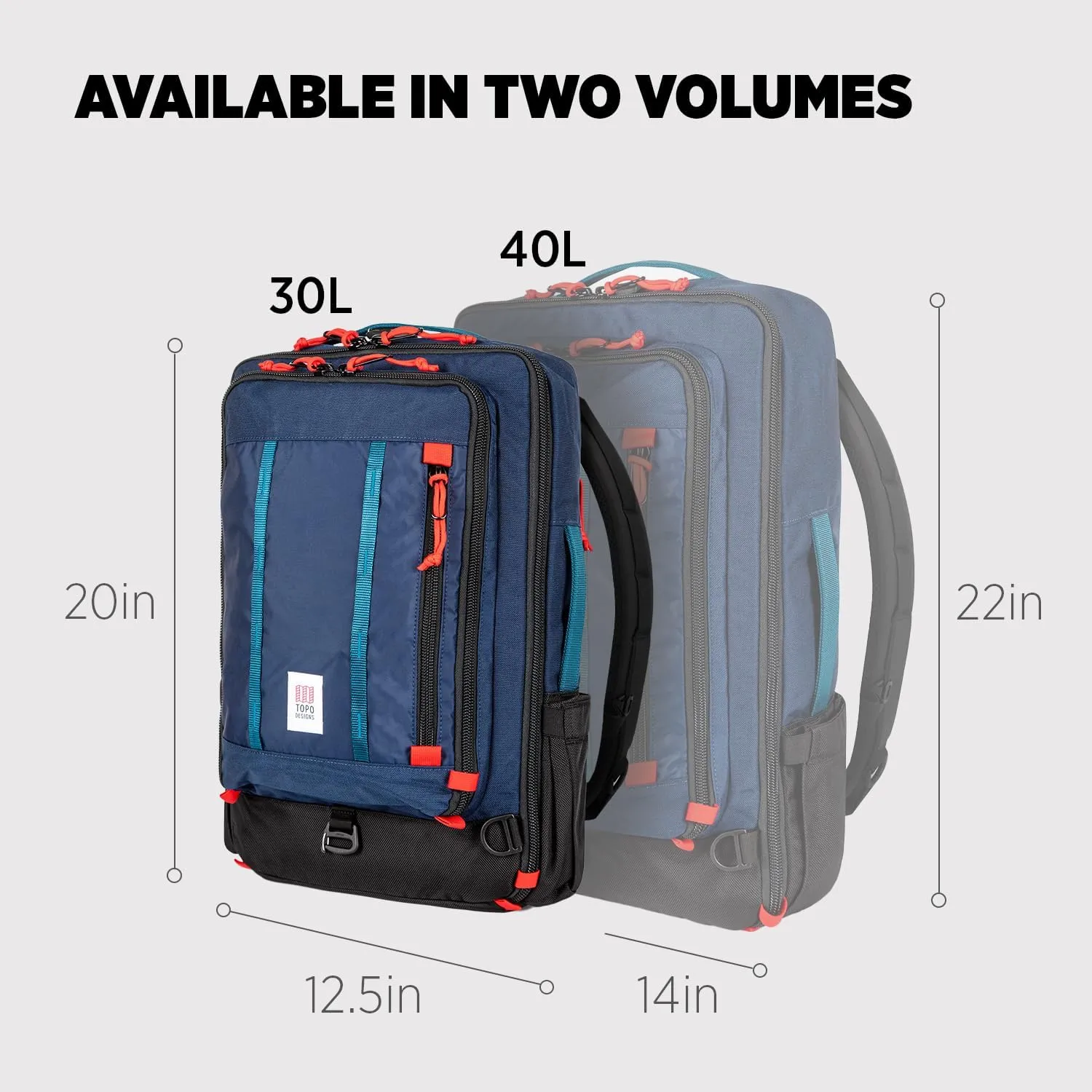 Topo Designs Global Travel Bag 30-40 Liter - Carry-on Compliant Versatile Pack, 3 Carry Options, External Laptop Sleeve (Original, 30L, Navy)