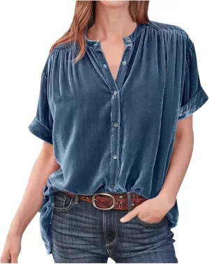 Tops for Women Lapel V Neck Solid Shirt Summer Velvet Tee Shirts Casual Roll Up Short Sleeve Button Down Blouses